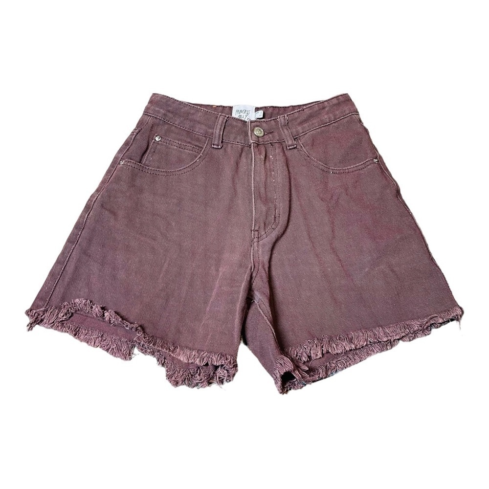 Princess Polly brown high rise frayed hem shorts